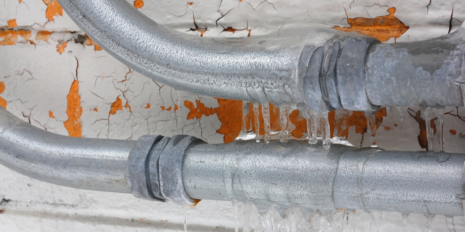 two frozen pipes covered in ice
